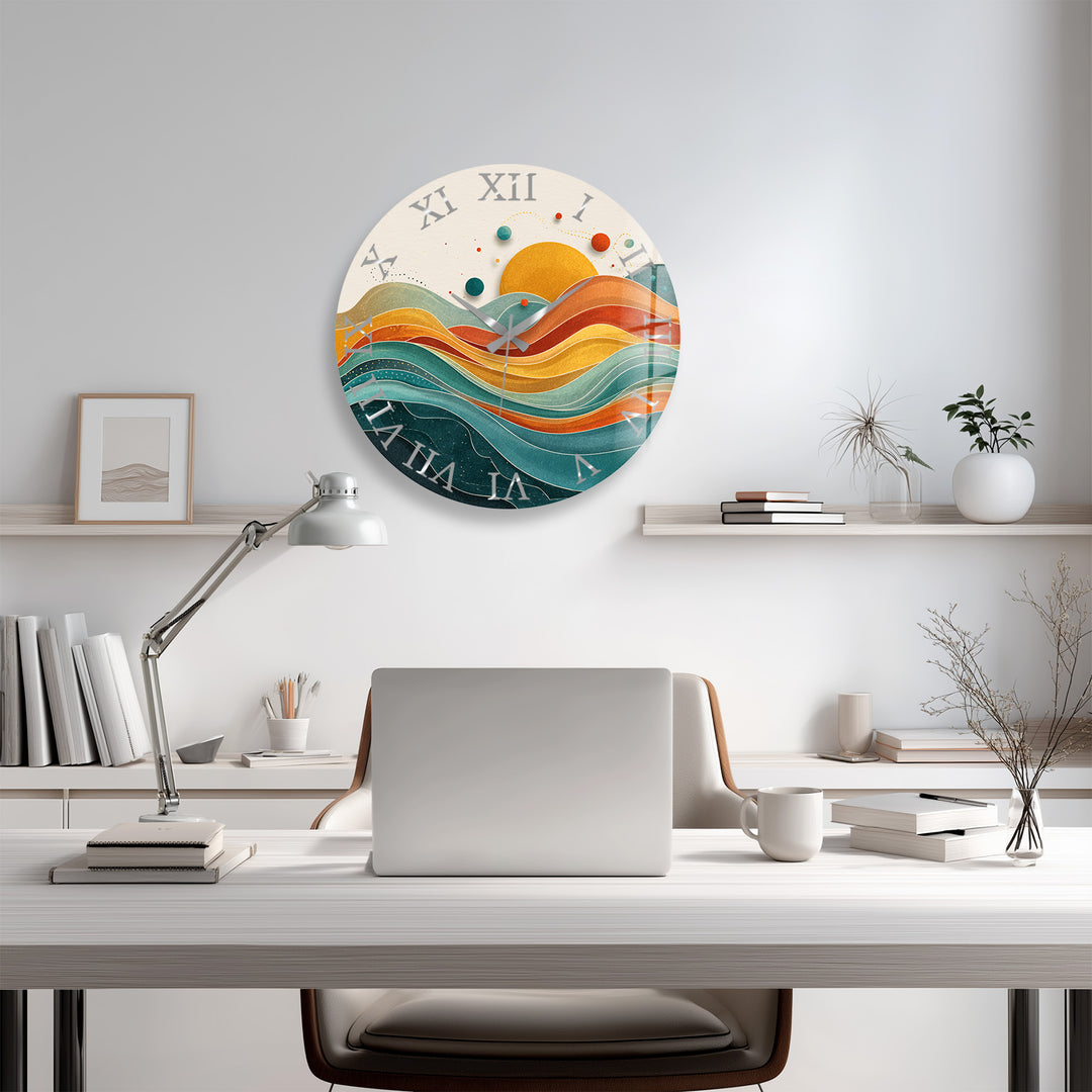 Retro Sunset Glass Wall Clock – Abstract Boho Wave Art