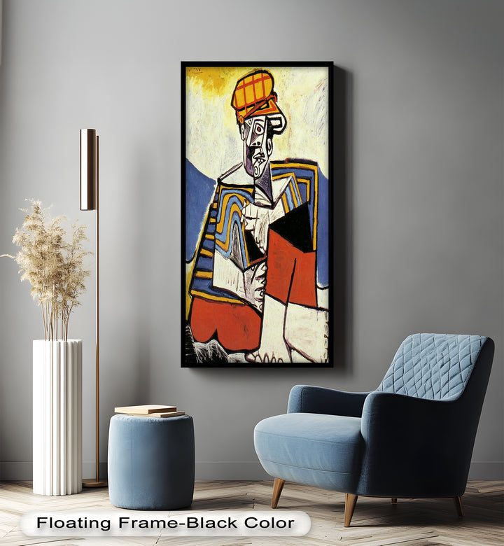 A Picasso-inspired composition featuring a stylized male figure with overlapping shapes, exaggerated proportions, and bold contour lines.