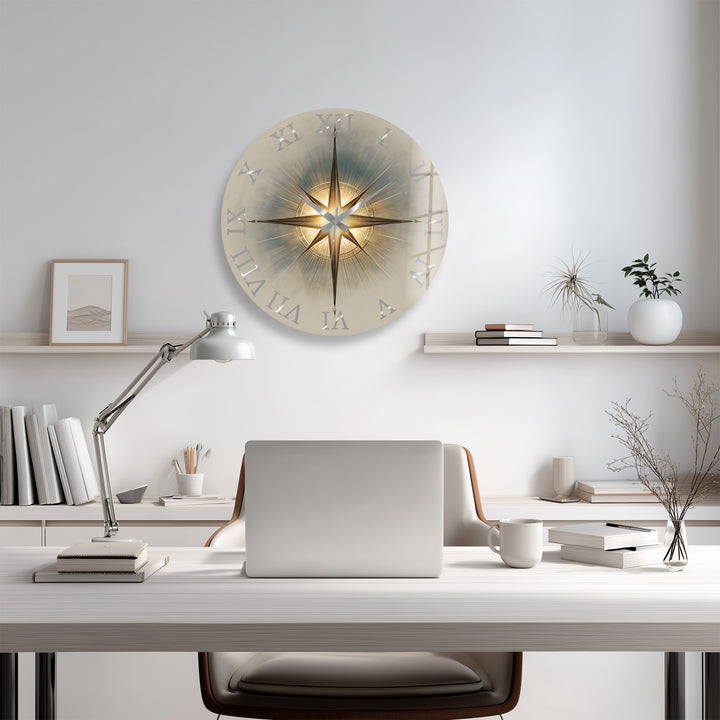 Gold Compass Rose Glass Wall Clock – Elegant Nautical Decor