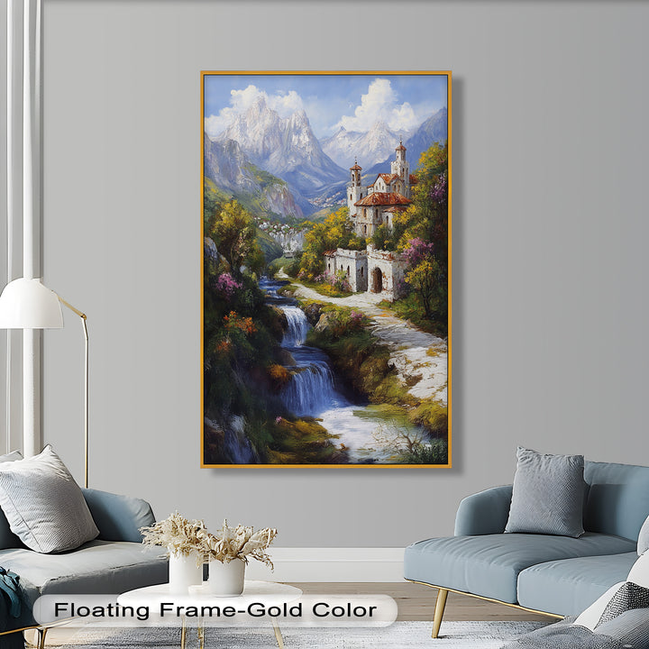 Mountain Abbey by the Falls – Serene Renaissance Oil Painting