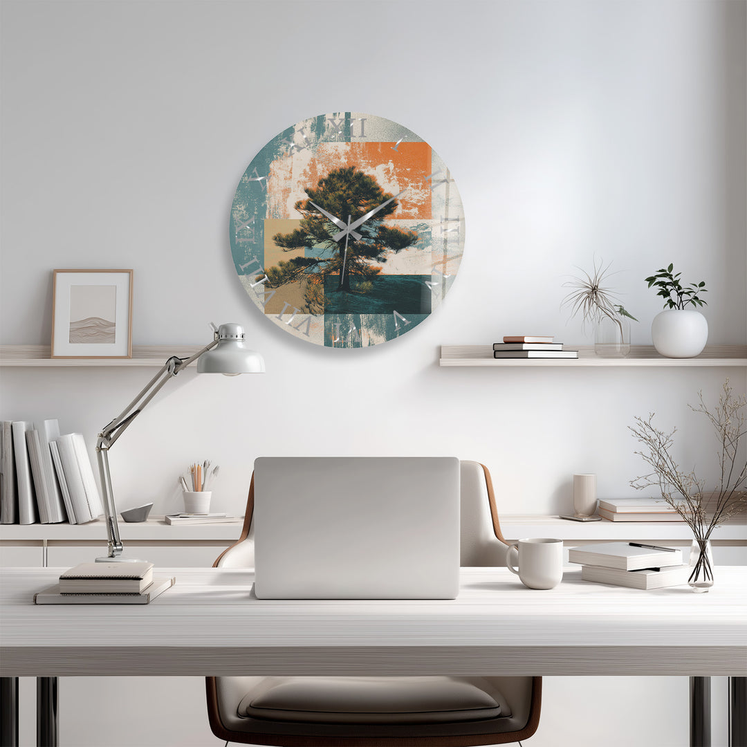 Mid Century Pine Tree Glass Wall Clock – Retro Nature Decor