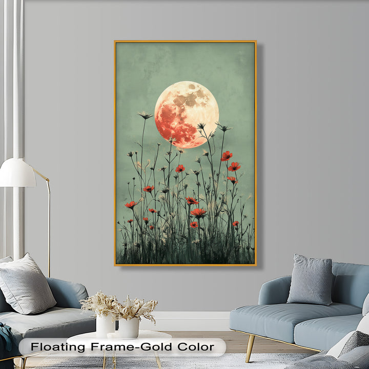 Celestial Wildflowers – Full Moon Over Red Meadow Blooms Oil Painting