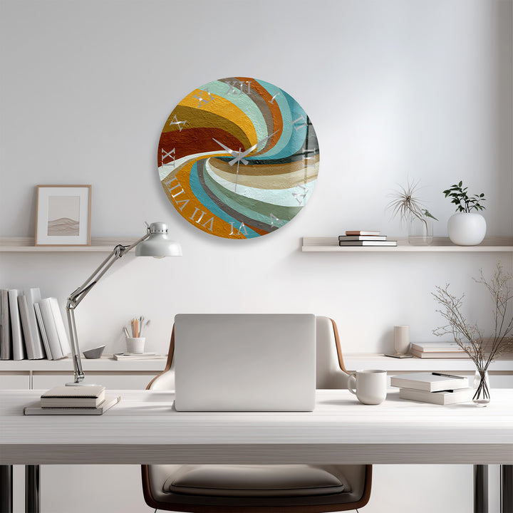 Retro Wave Glass Wall Clock – Teal and Mustard Abstract Decor