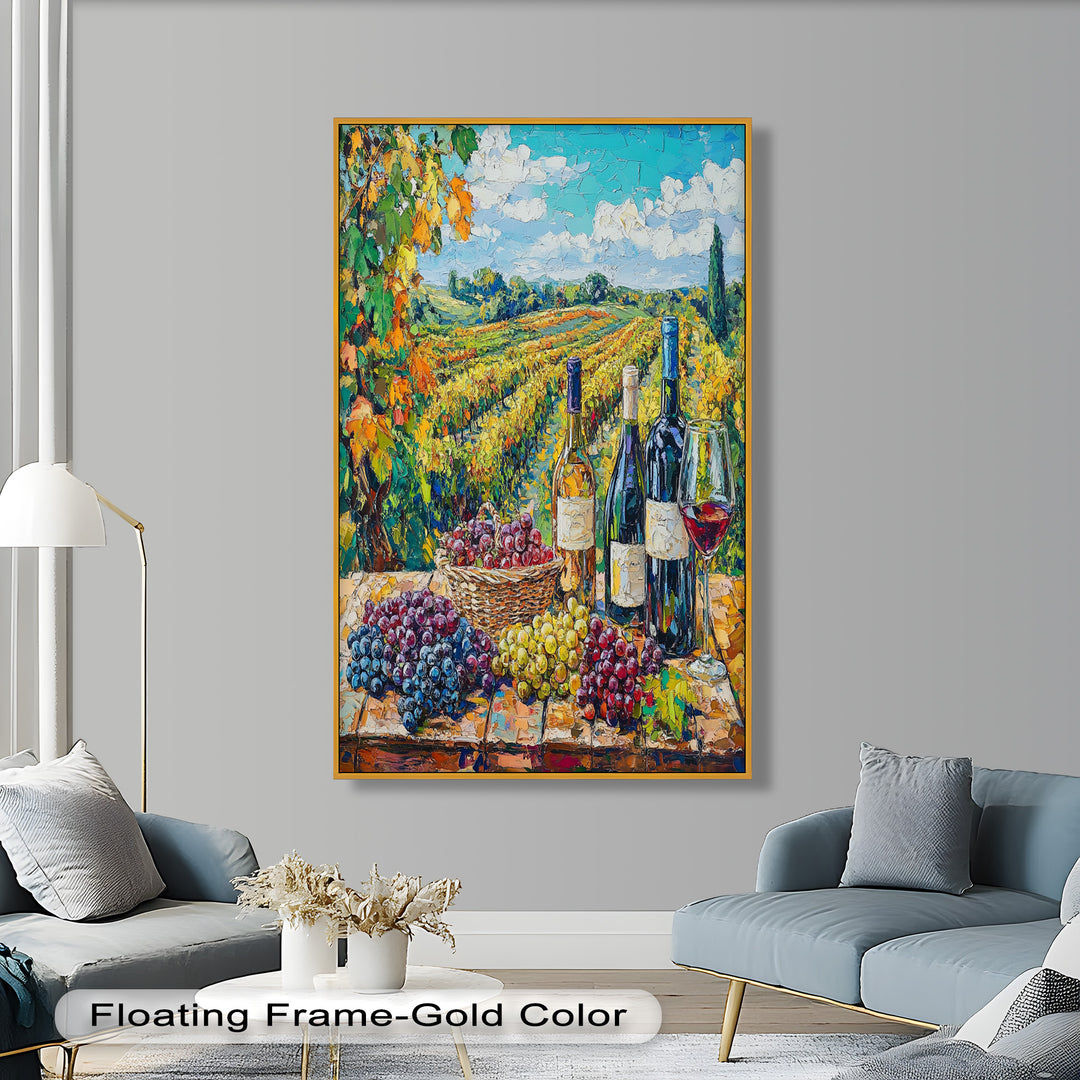 Wine Bottles and Grapes in Sunlit Fields - Still Life Oil Painting