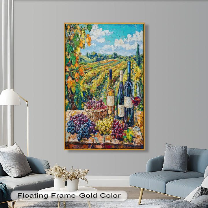 Wine Bottles and Grapes in Sunlit Fields - Still Life Oil Painting