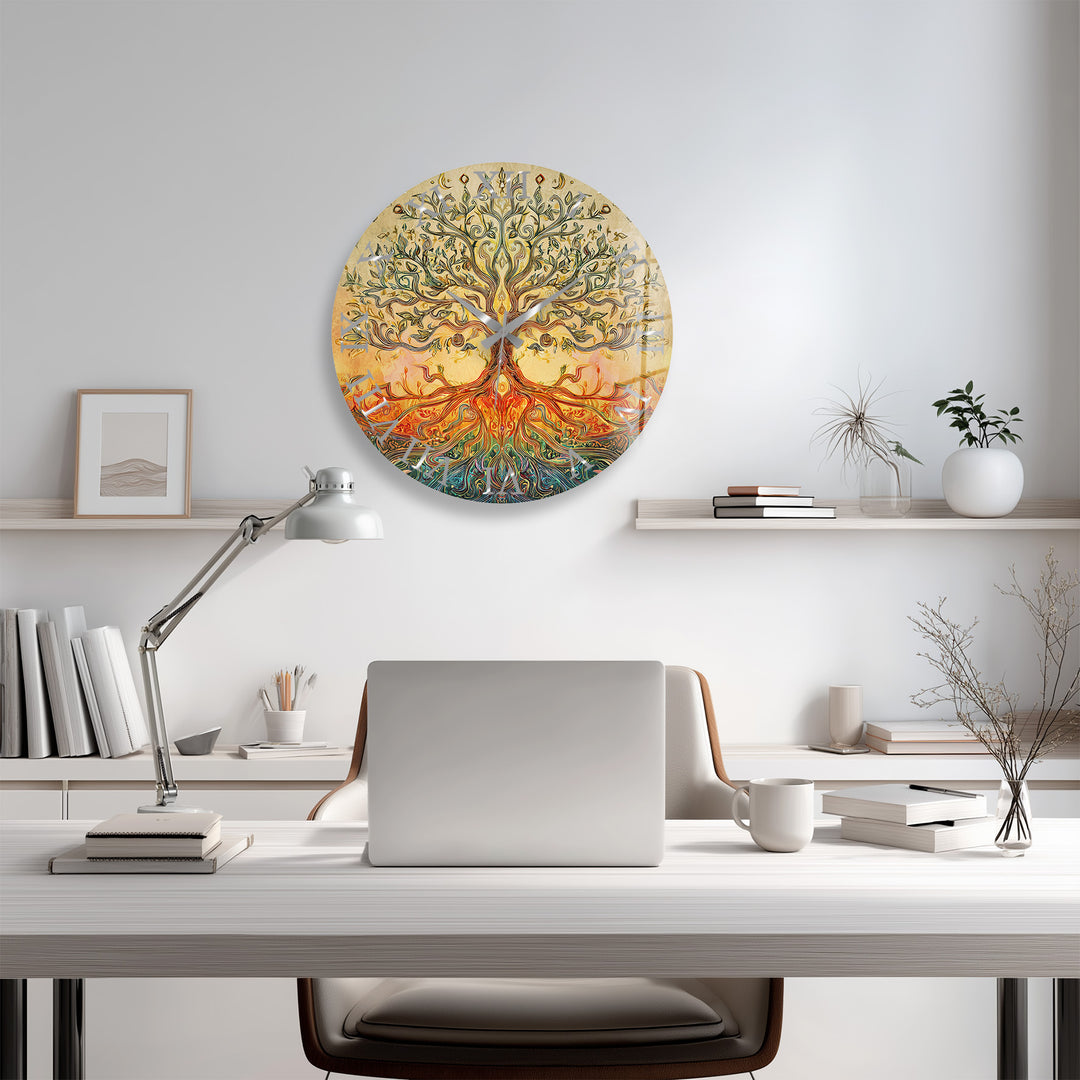 Golden Tree of Life Glass Wall Clock – Boho Botanical Decor