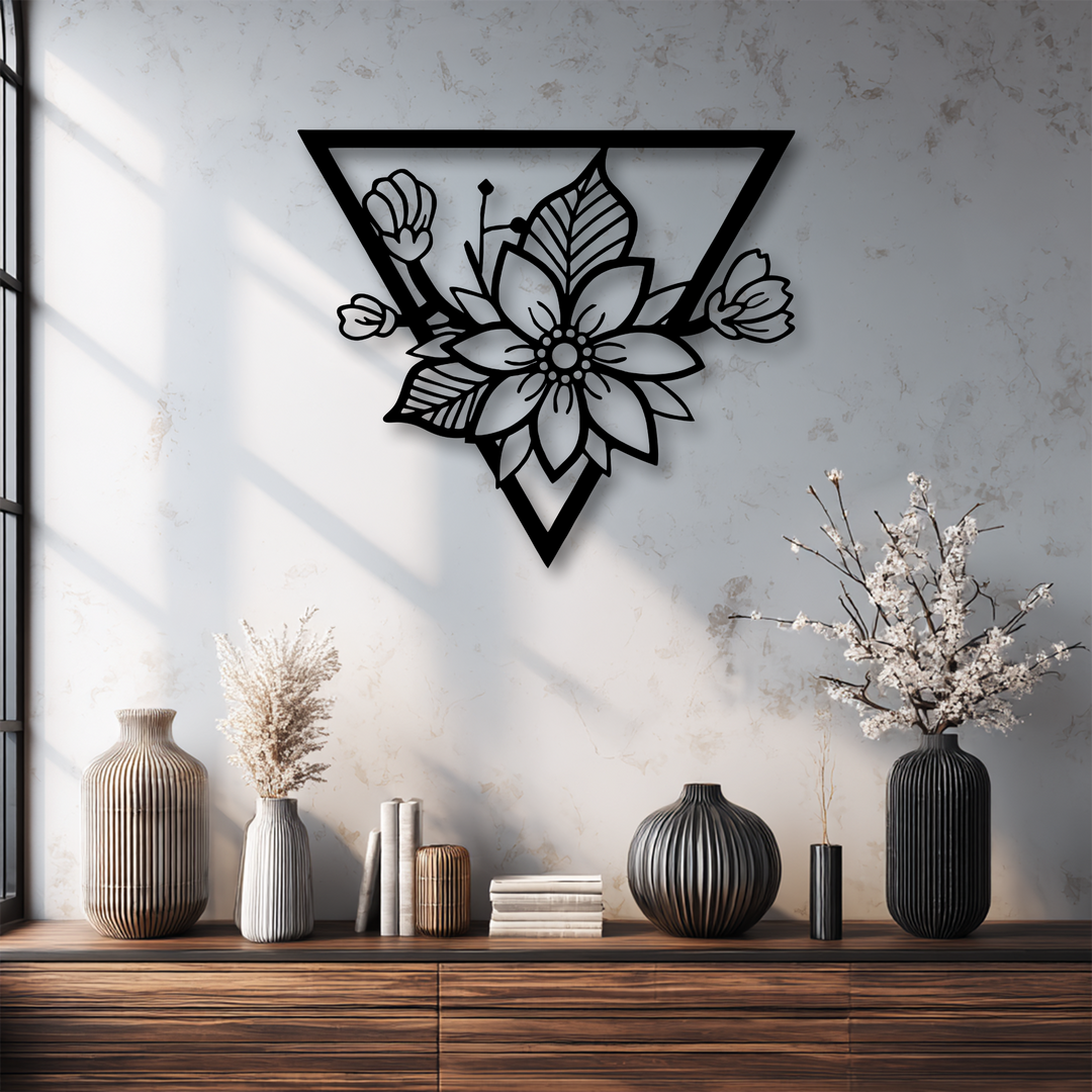 The layering effect is evident in the geometric floral blossom decorative metal art, creating depth with its shadow against the subtle wall texture.