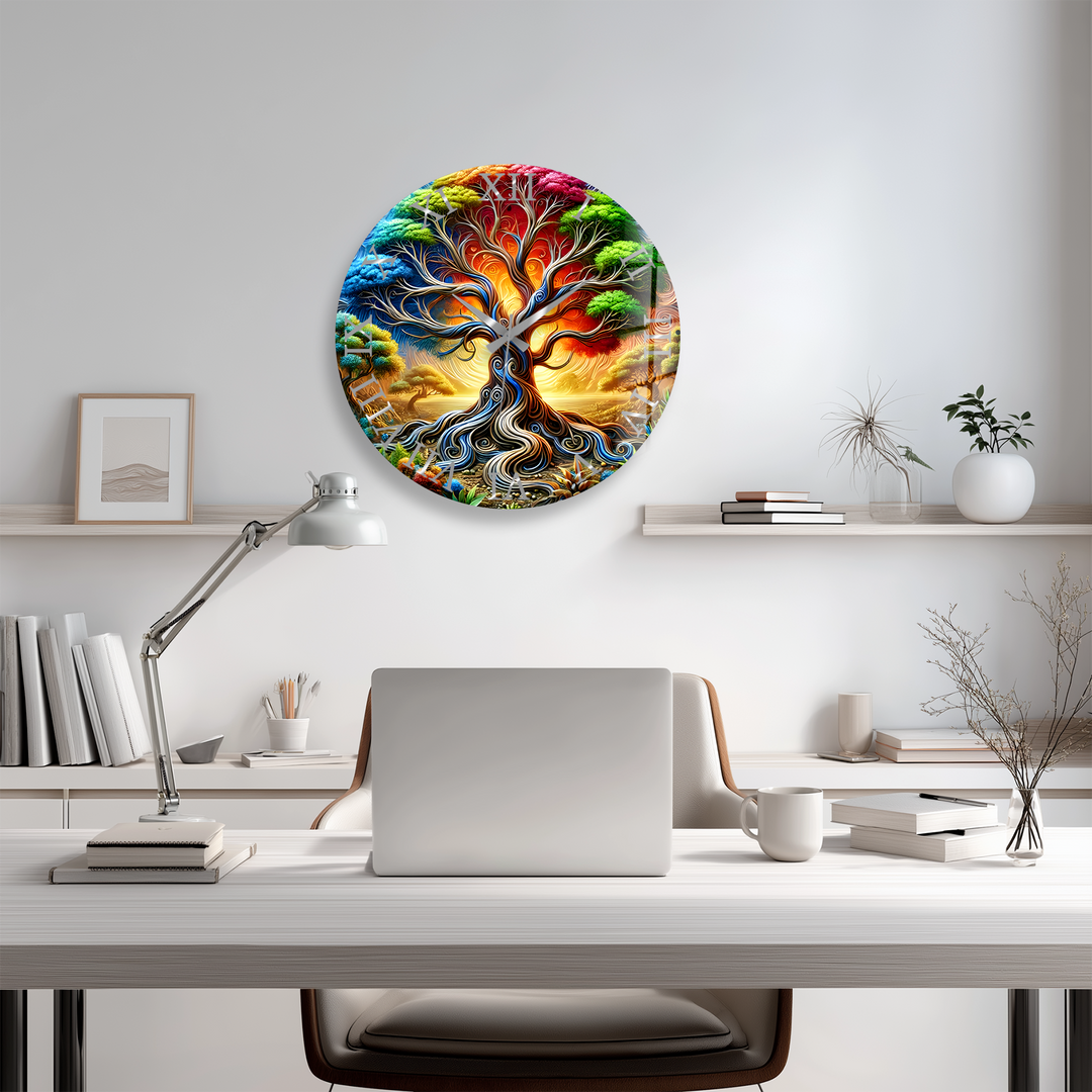 Colorful Tree of Life Glass Wall Clock – Fantasy Nature Decor