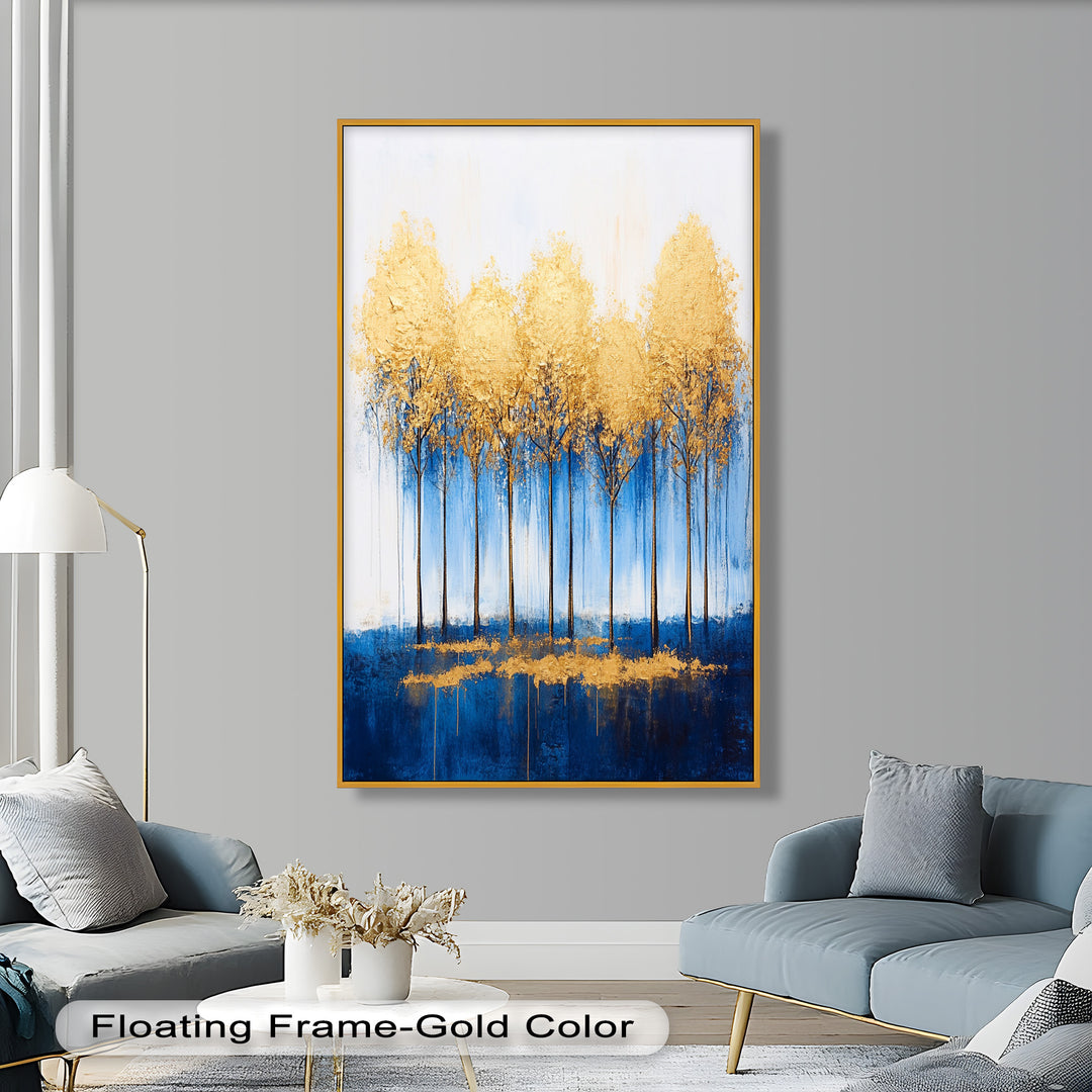 Goldene Bäume am blauen Horizont - Abstraktes Ölgemälde