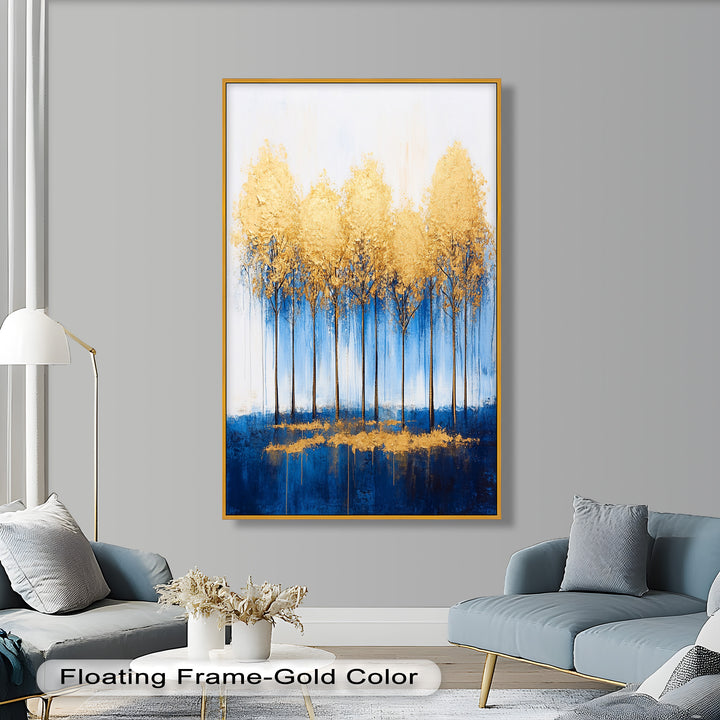 Goldene Bäume am blauen Horizont - Abstraktes Ölgemälde
