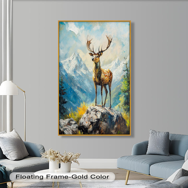 Stag in Mountain Landscape - Animal Oil Painting