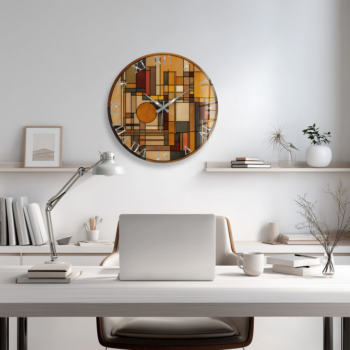 Art Deco Geometric Glass Wall Clock – Warm Retro Abstract Art