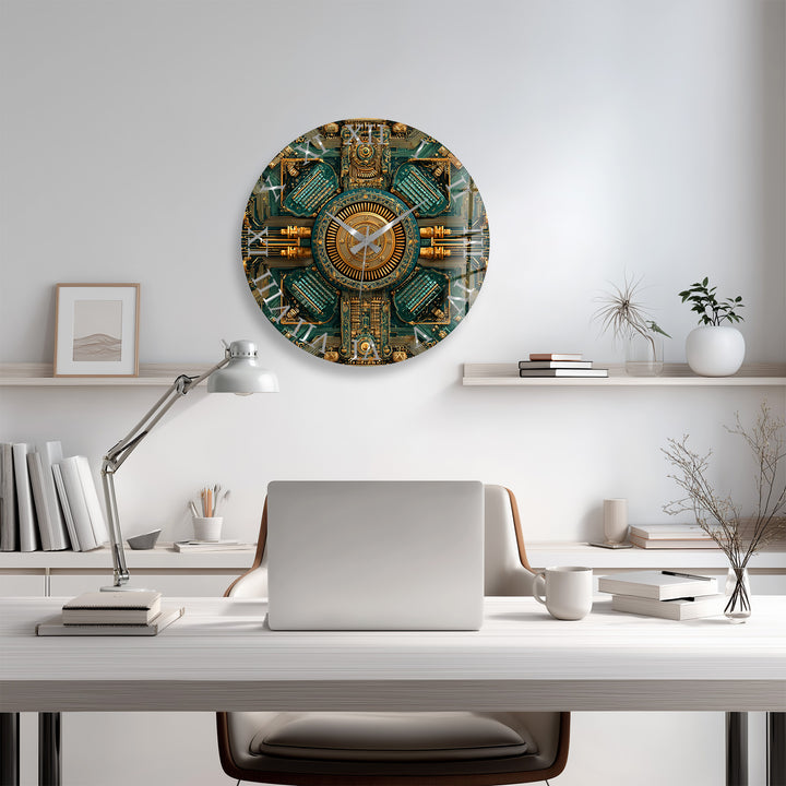 Steampunk-Wanduhr aus Glas – goldenes mechanisches Zahnraddekor