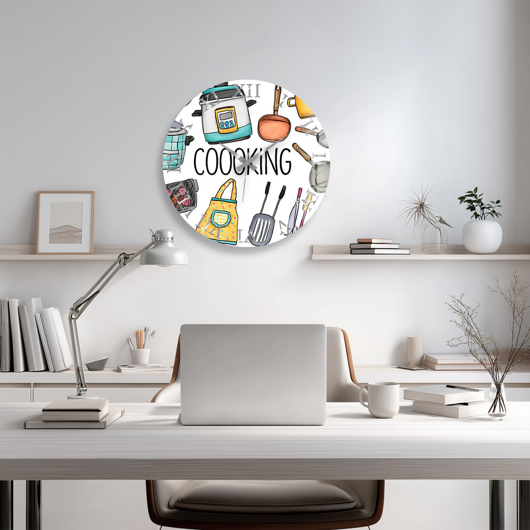 Colorful Cooking Glass Wall Clock – Kitchen Utensil Decor