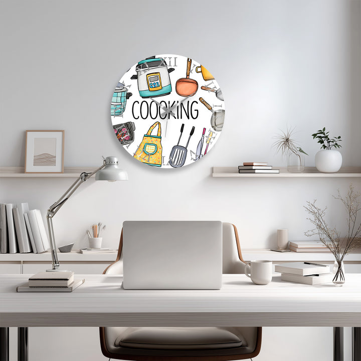 Colorful Cooking Glass Wall Clock – Kitchen Utensil Decor