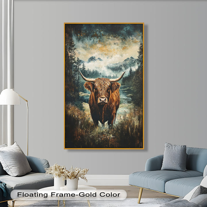 Highland Cow in Misty Pines – Wilderness Oil Painting