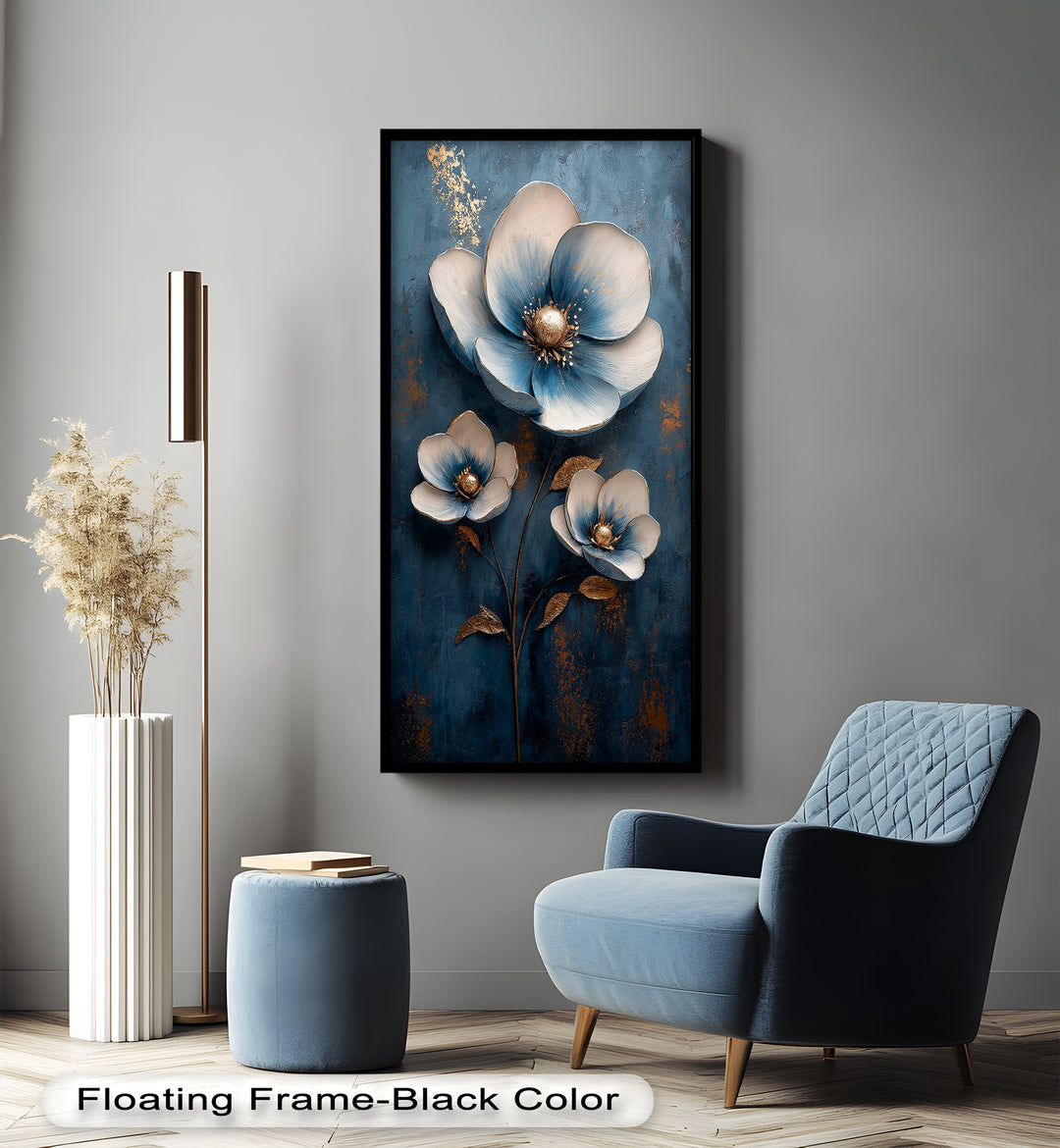 Deep Blue and Metallic Floral Elegance - Flower Oil Painting