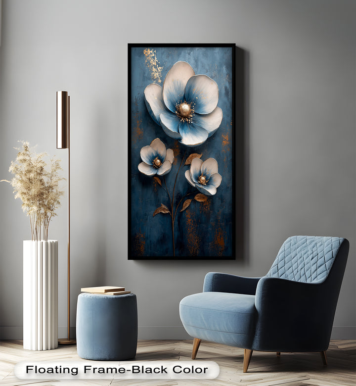 Deep Blue and Metallic Floral Elegance - Flower Oil Painting