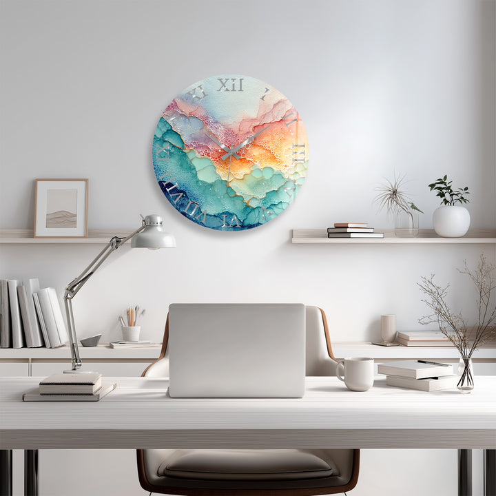 Pastel Fluid Art Glass Wall Clock – Pink and Teal Abstract Decor