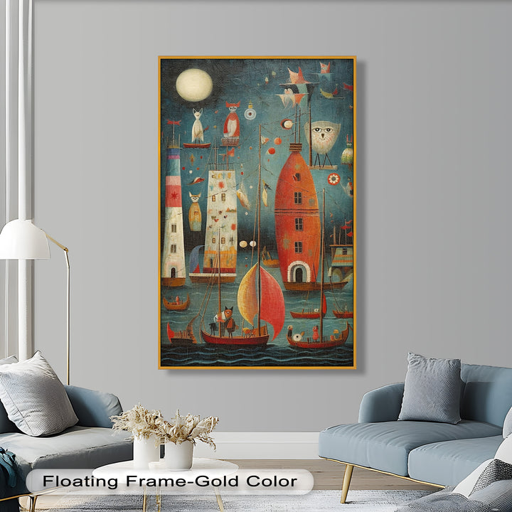 Moonlit Harbor Parade – Surreal Cat and Owl Fantasy Oil Painting