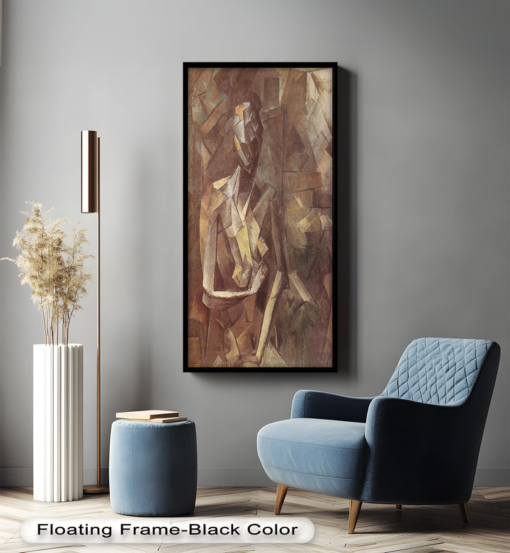 A subdued cubist composition with angular forms suggesting a pensive figure, blending seamlessly into a textured background.