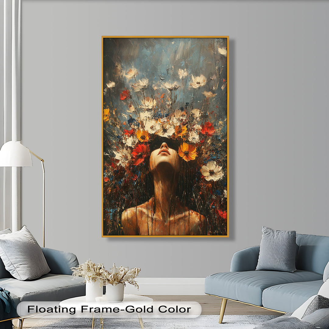 Floral Rebirth – Woman with Blossoming Crown Abstract Oil Painting