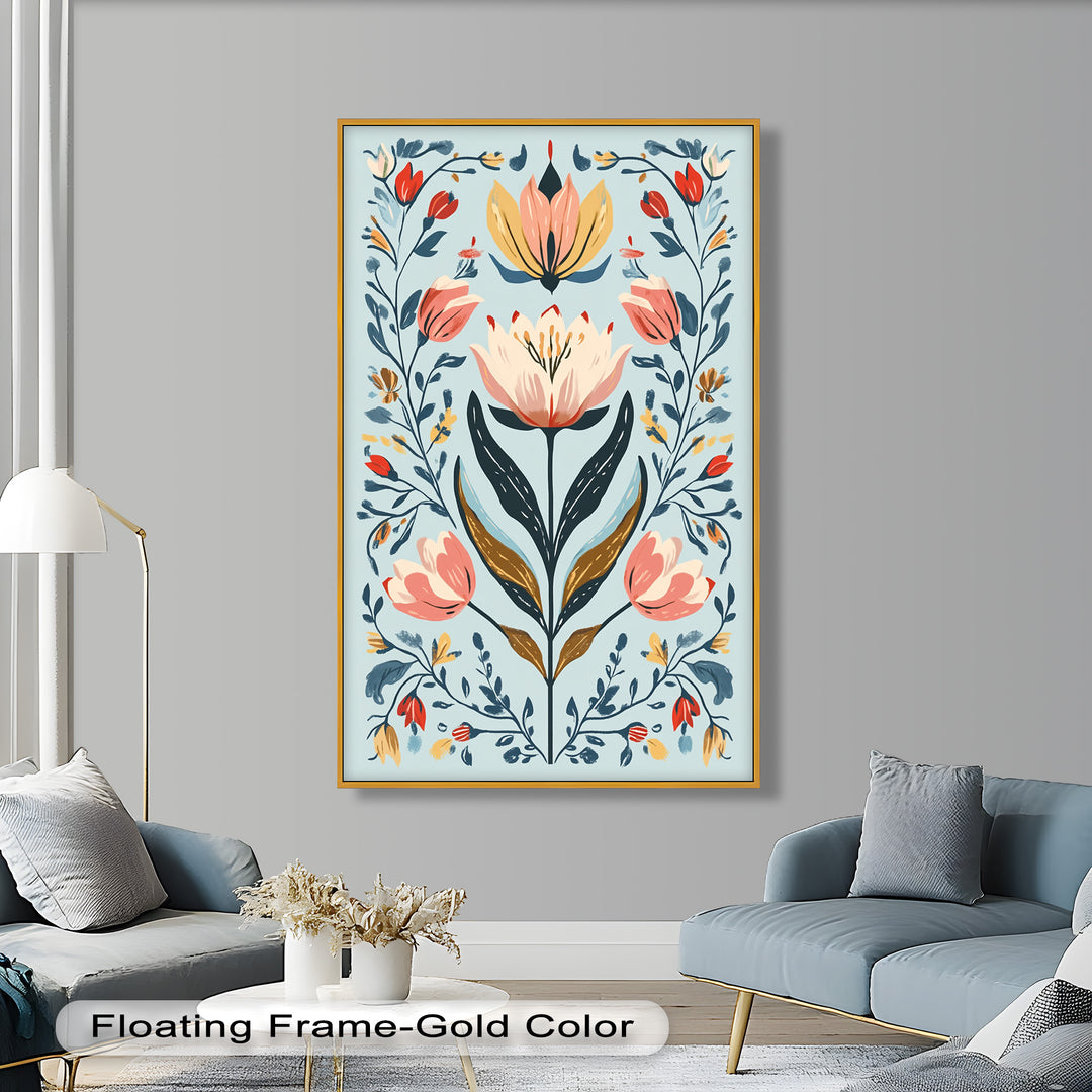 Folk-inspirierte Tulpenharmonie – Boho-Blumenölgemälde