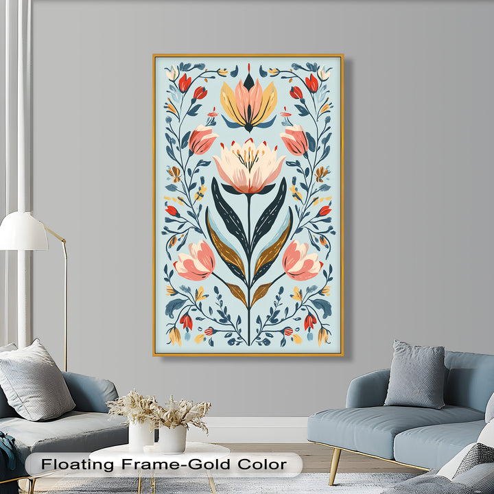 Folk-inspirierte Tulpenharmonie – Boho-Blumenölgemälde