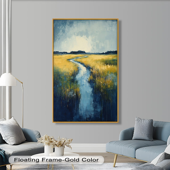 Golden Fields and Blue Stream – Contemporary Landscape Oil Painting