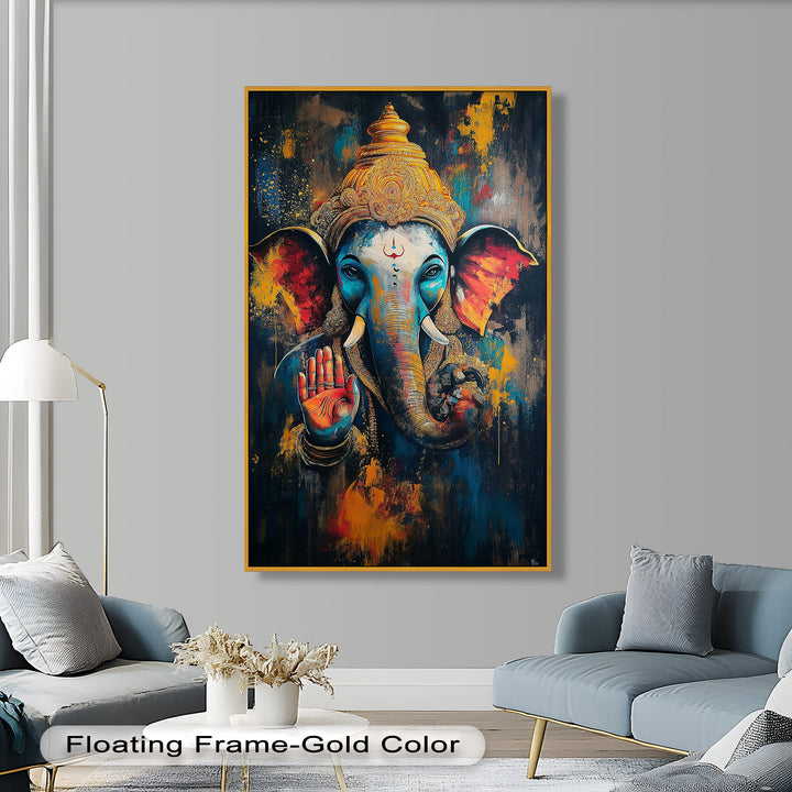 A powerful and colorful depiction of Lord Ganesha with a raised blessing hand, adorned in golden ornaments against a dynamic abstract background.