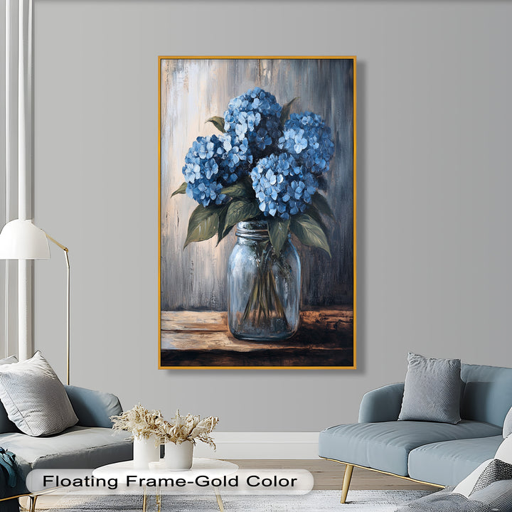 Blaue Gelassenheit – Hortensienblüten im Einmachglas, Blumenölgemälde