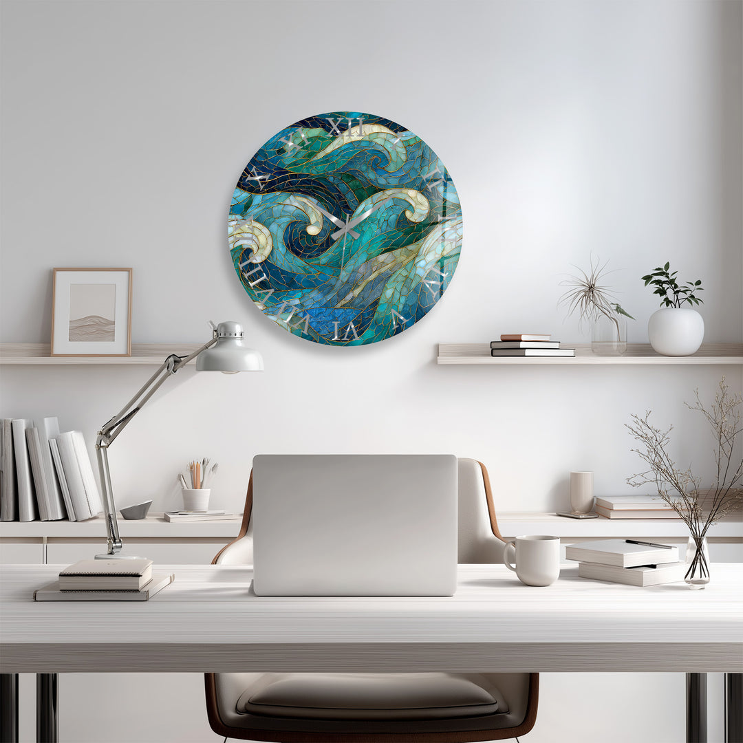 Blue Wave Glass Wall Clock – Abstract Stained Glass Style