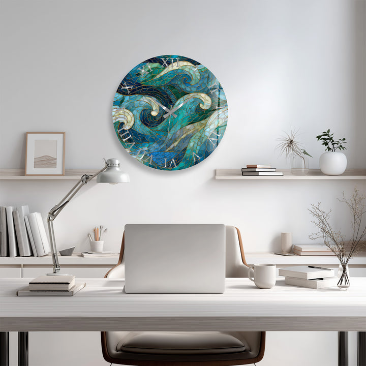 Blue Wave Glass Wall Clock – Abstract Stained Glass Style