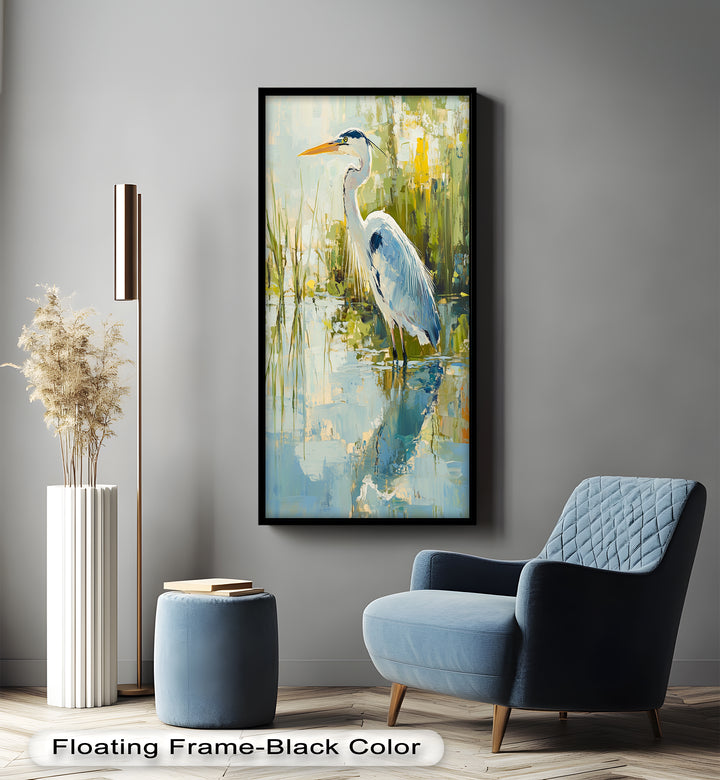 Heron Amid Textured Reflections - Animal Oil Painting