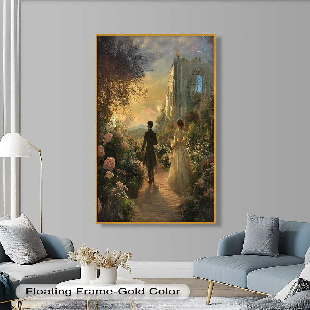 Victorian Lovers at Twilight – Romantic Garden Walk Oil Painting