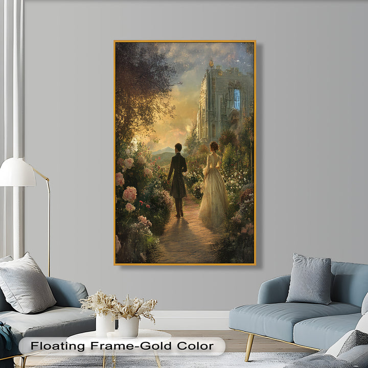 Victorian Lovers at Twilight – Romantic Garden Walk Oil Painting