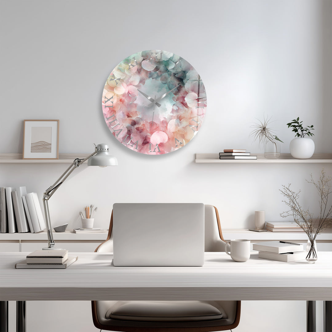 Pastel Hydrangea Glass Wall Clock – Pink Floral Wreath Decor
