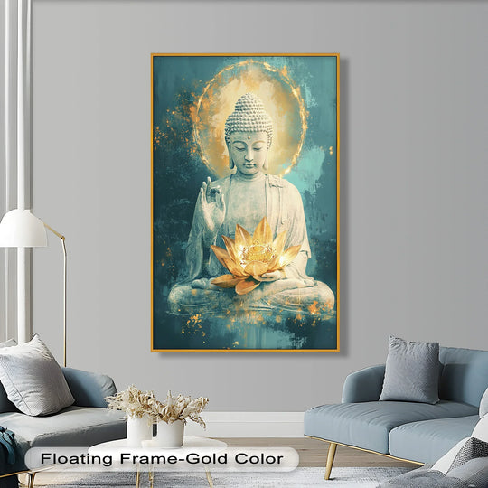A serene Buddha statue meditating with a glowing golden lotus flower in his hands, surrounded by a divine halo.