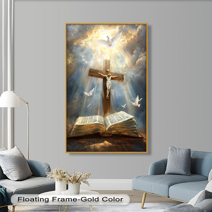 Jesus on the Cross with Open Bible and Doves - Oil Painting