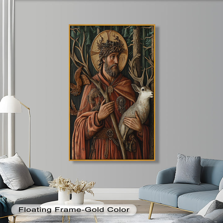 An ornate painting of a forest saint or holy man adorned in earthy robes, holding a stag and staff with natural symbolism.