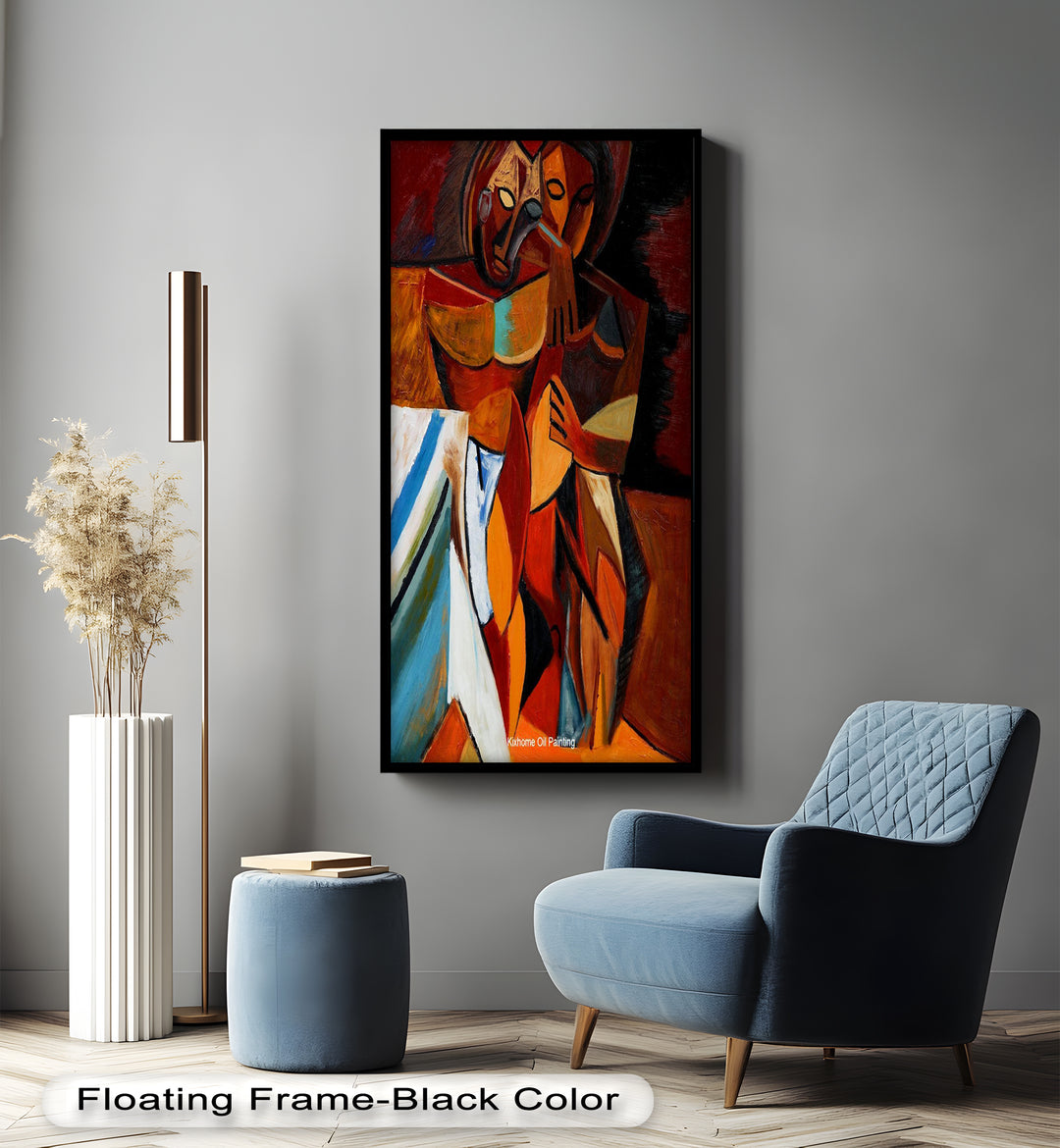A powerful abstract painting of two intertwined figures, rendered in bold cubist forms and warm earth tones with deep emotional intensity.