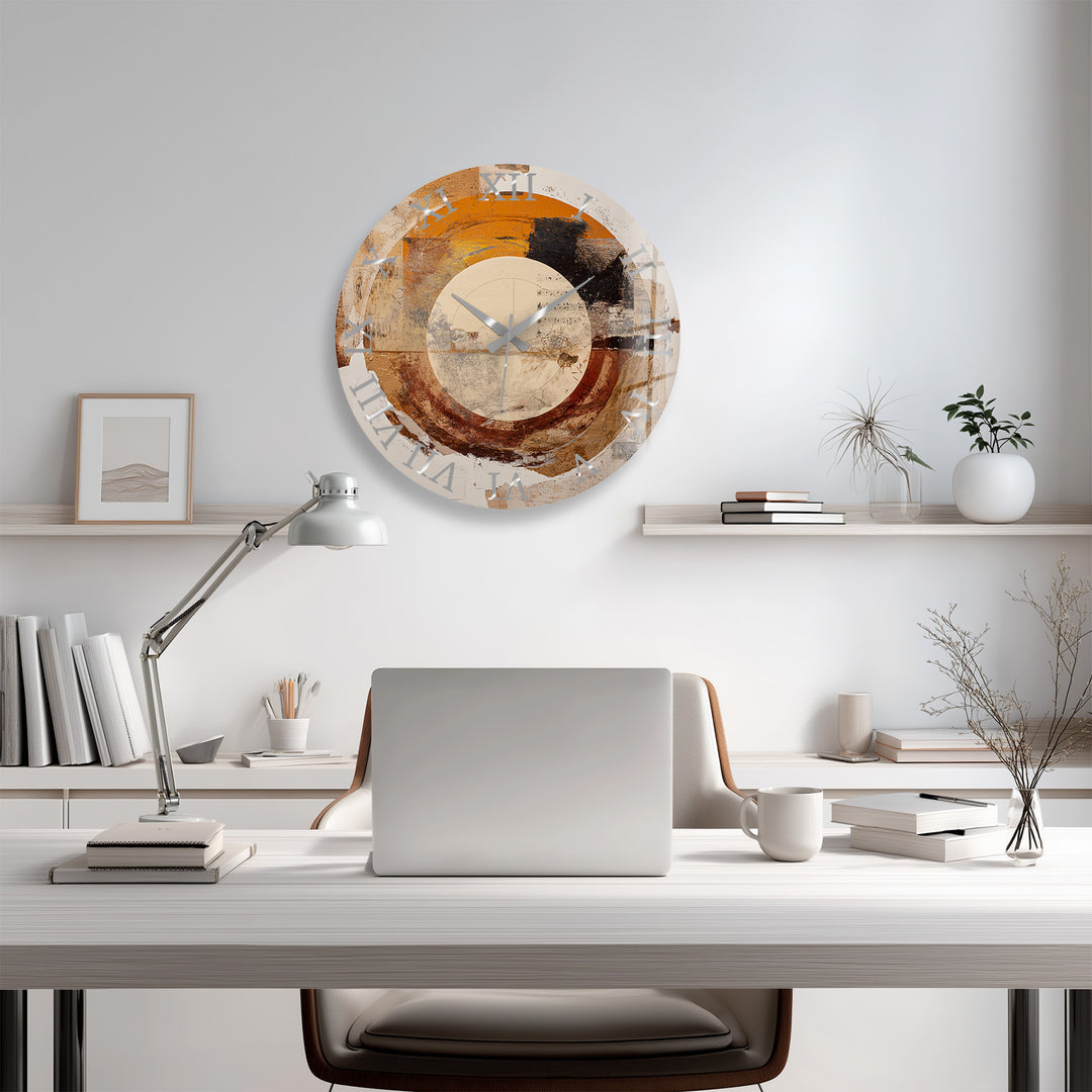 Neutral Abstract Glass Wall Clock – Earth Tone Circle Art