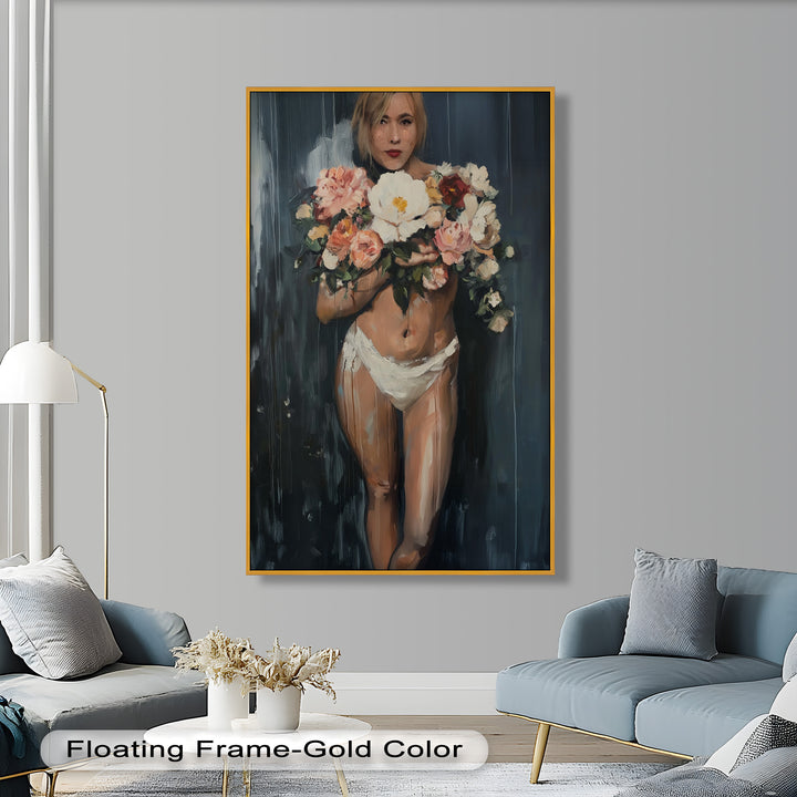 Floral Embrace – Abstract Nude with Blooming Bouquet Oil Painting