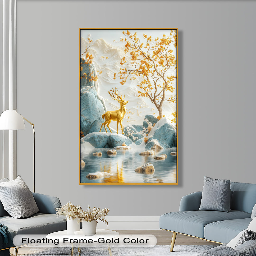 Golden Deer in Snowy Mountain - Animal Oil Painting