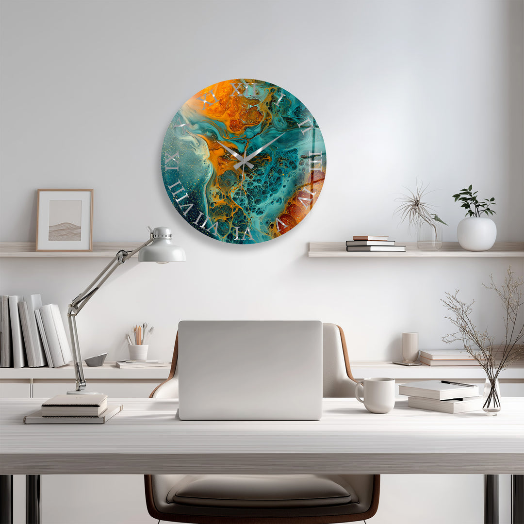 Fluid Art Glass Wall Clock – Teal and Gold Abstract Pour Decor