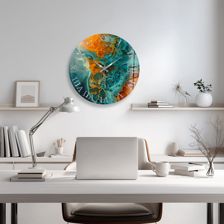 Fluid Art Glass Wall Clock – Teal and Gold Abstract Pour Decor