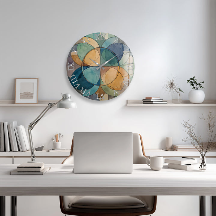 Teal Geometric Glass Wall Clock – Mid Century Abstract Decor