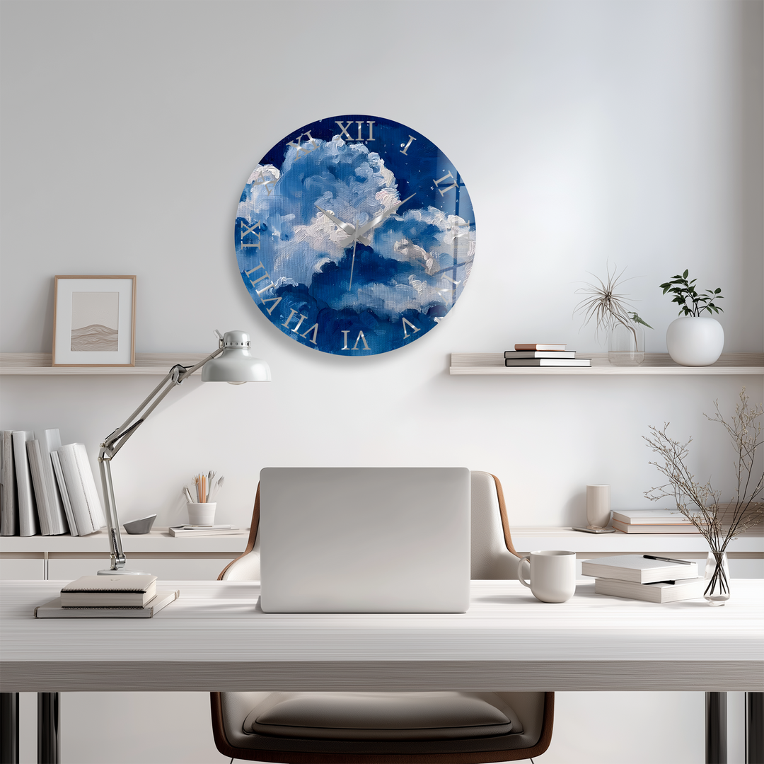 Blaue Wolke Glaswanduhr – abstrakte Himmelswanddekoration