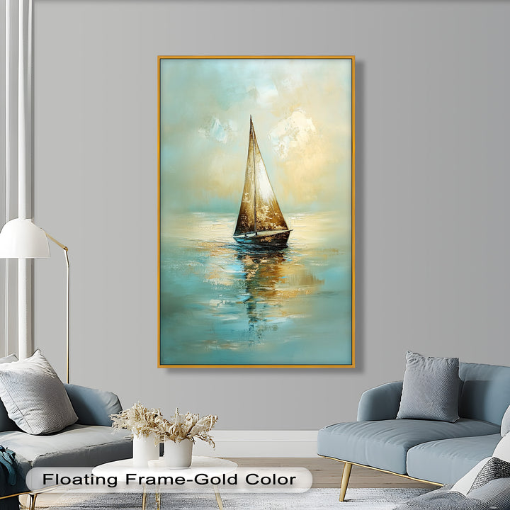 Golden Drift – Ruhiges Segelboot bei Sonnenaufgang, Boot-Ölgemälde