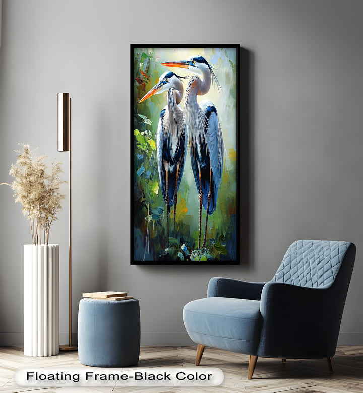 Two Herons Among Verdant Shadows - Animal Oil Painting